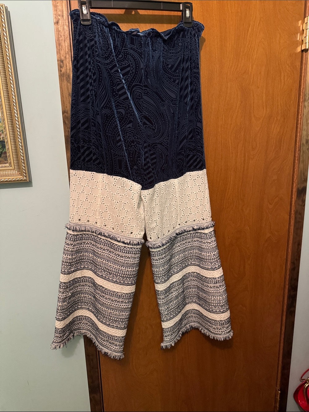 Boho Patchwork Navy and Cream Wide-Leg Pants - Picture 5 of 5